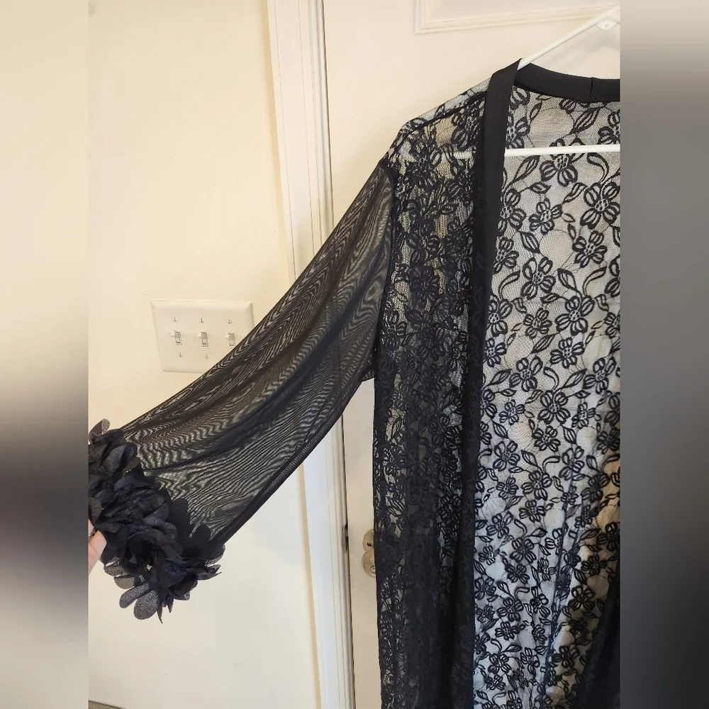 Black Lace Floral Robe Open Front One Size READ #DD696 - Picture 2 of 6